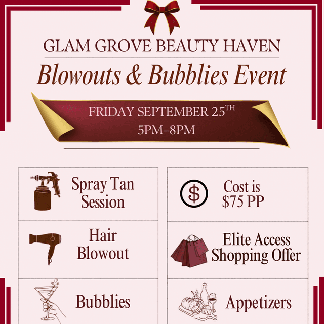 Event Package For Sept 25th at Glam Grove Beauty Haven in Kennebunk, ME
